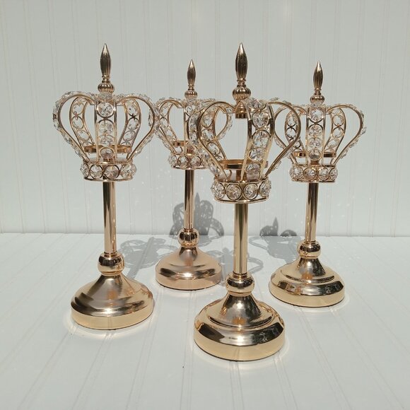 Golden Crown Candlesticks Crystal Candle Holders Tealights SET OF 4 Princess - Picture 2 of 16